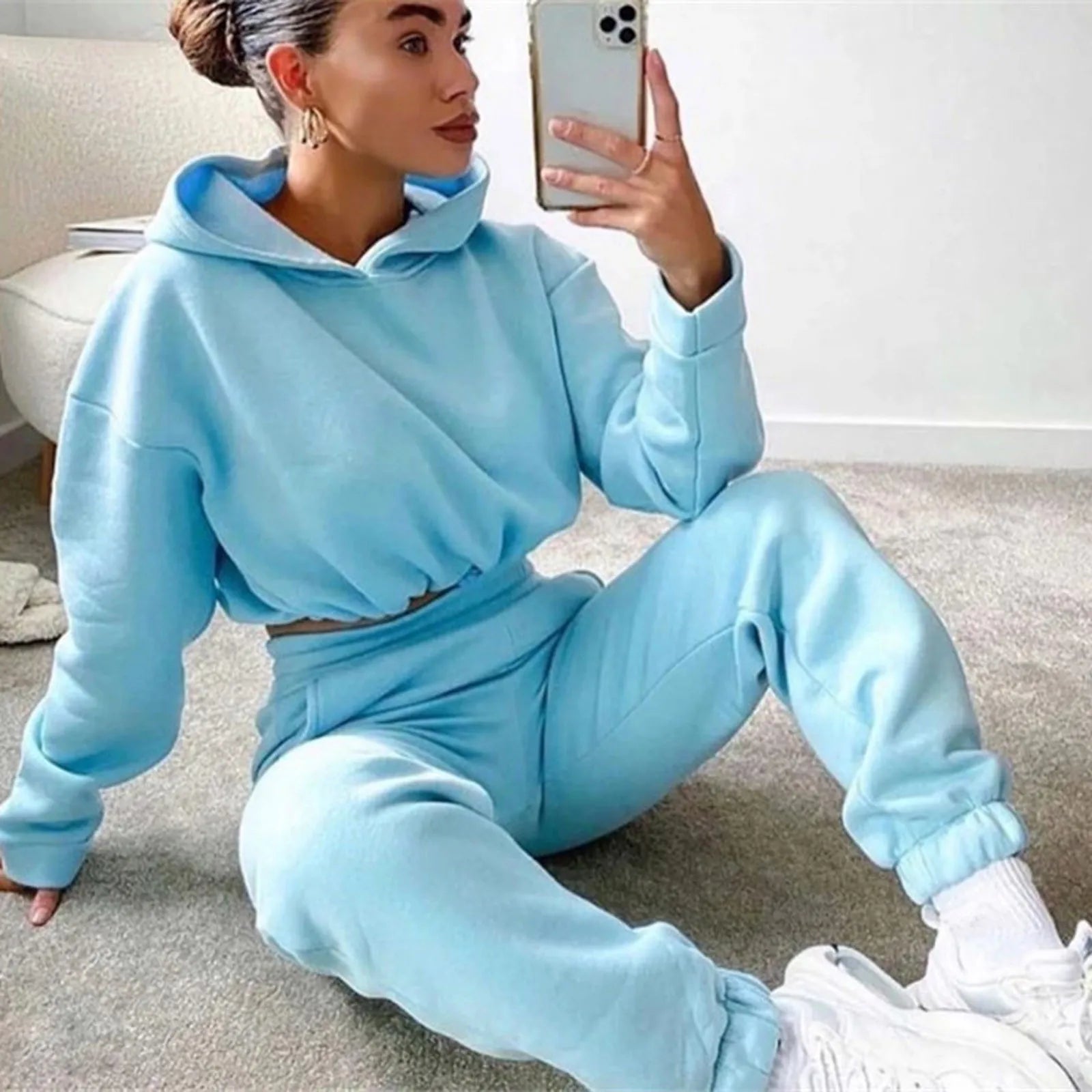 Balimtoy Women’s Two-Piece Tracksuit Set – Solid Color Pullover Hoodie &amp; Ankle-Length Pants, Oversized Streetwear, Autumn/Winter Collection