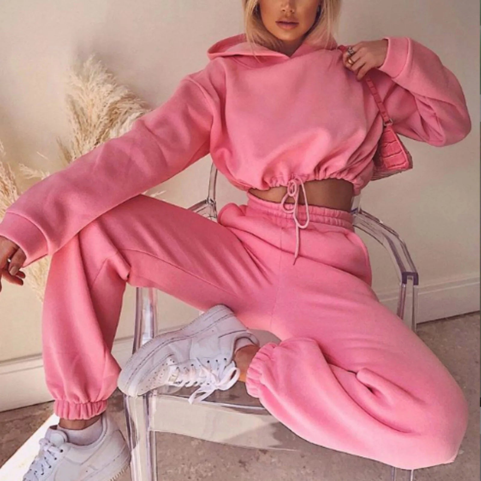 Balimtoy Women’s Two-Piece Tracksuit Set – Solid Color Pullover Hoodie &amp; Ankle-Length Pants, Oversized Streetwear, Autumn/Winter Collection