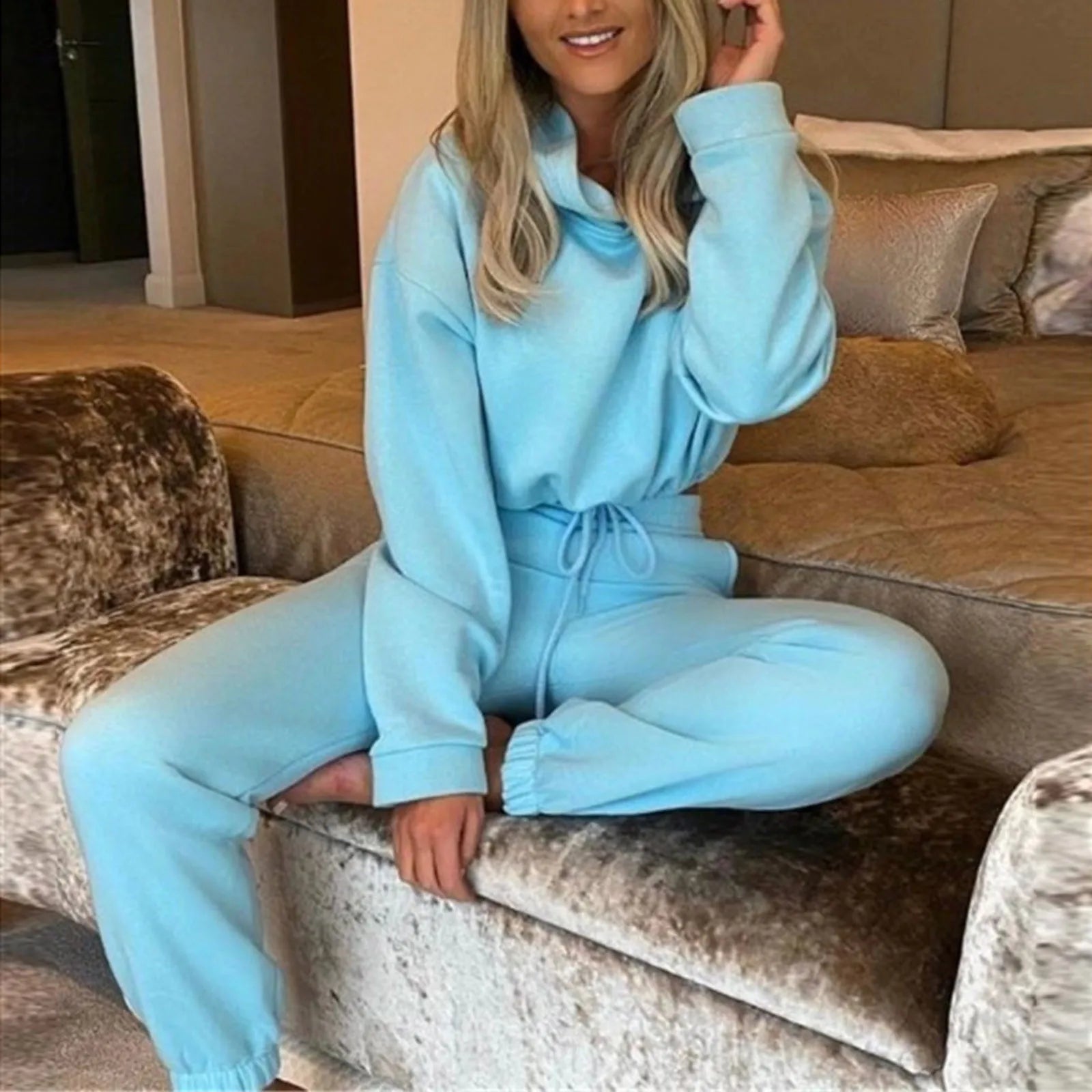 Balimtoy Women’s Two-Piece Tracksuit Set – Solid Color Pullover Hoodie &amp; Ankle-Length Pants, Oversized Streetwear, Autumn/Winter Collection