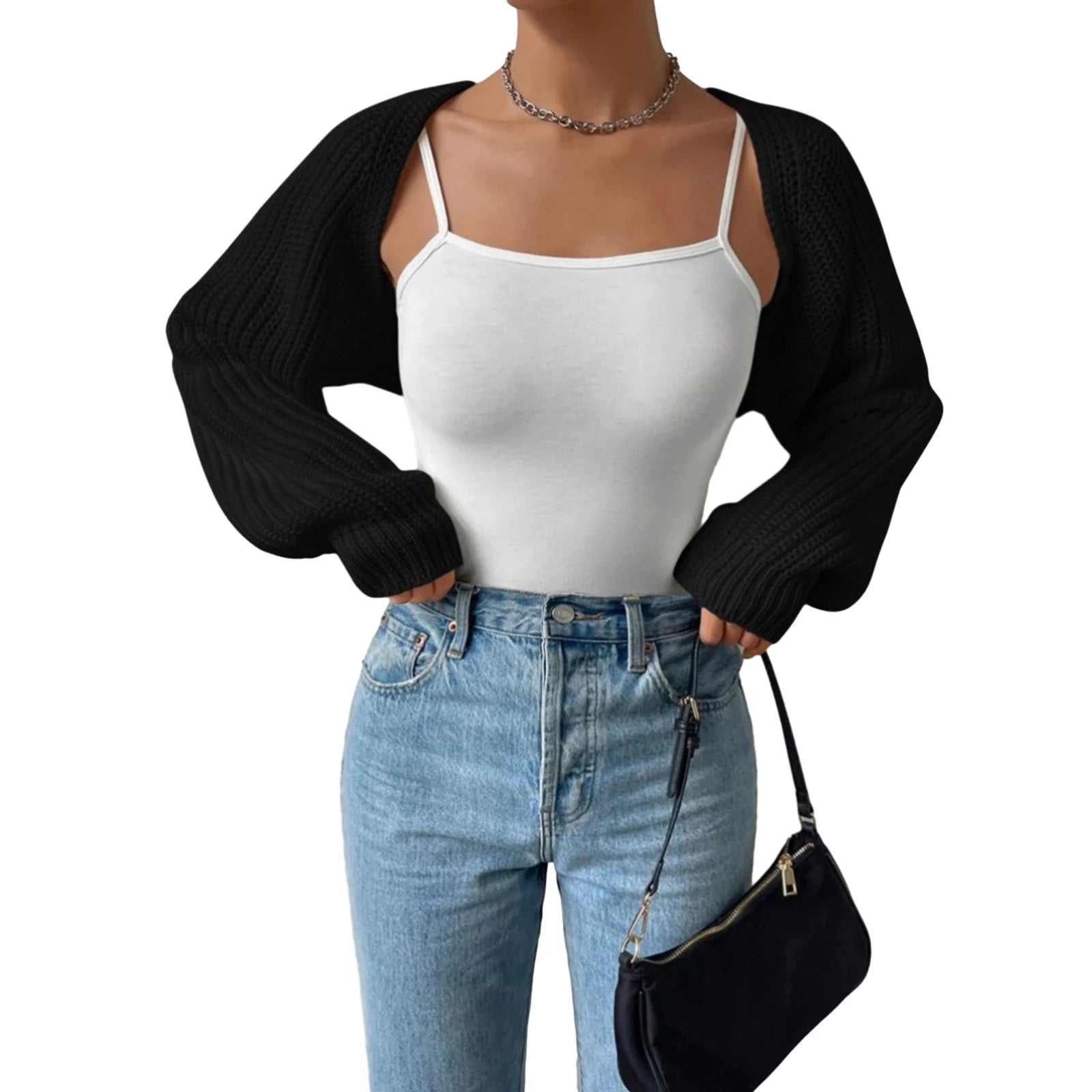 Women’s Open Front Cropped Cardigan – Long Sleeve Ribbed Knit Shrug Sweater Bolero Tops