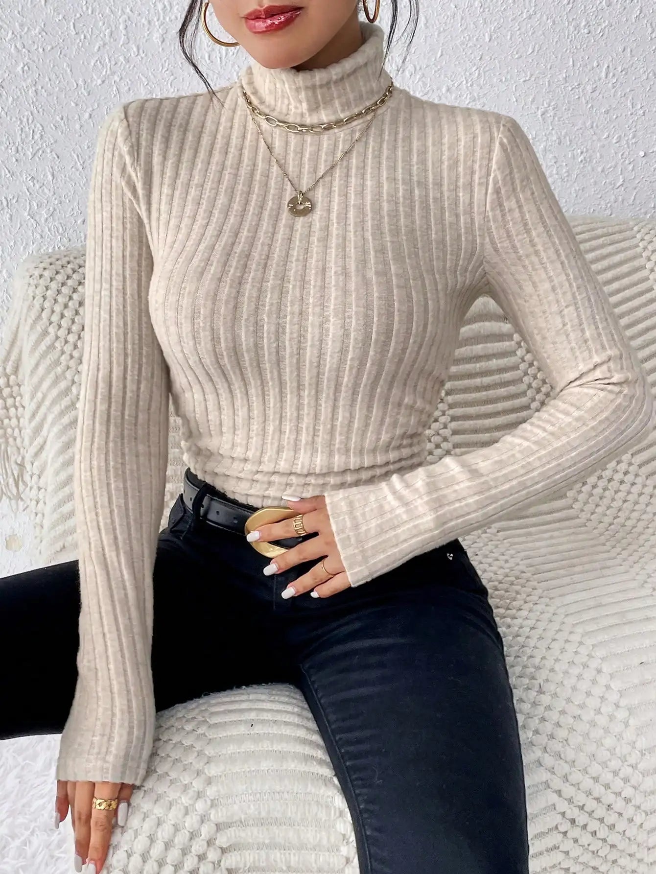 Winter Sexy Texture Pit Stripe Slim Knit Long Sleeve Women's t-shirt New High Neck Women's Tops Casual Women's Tops