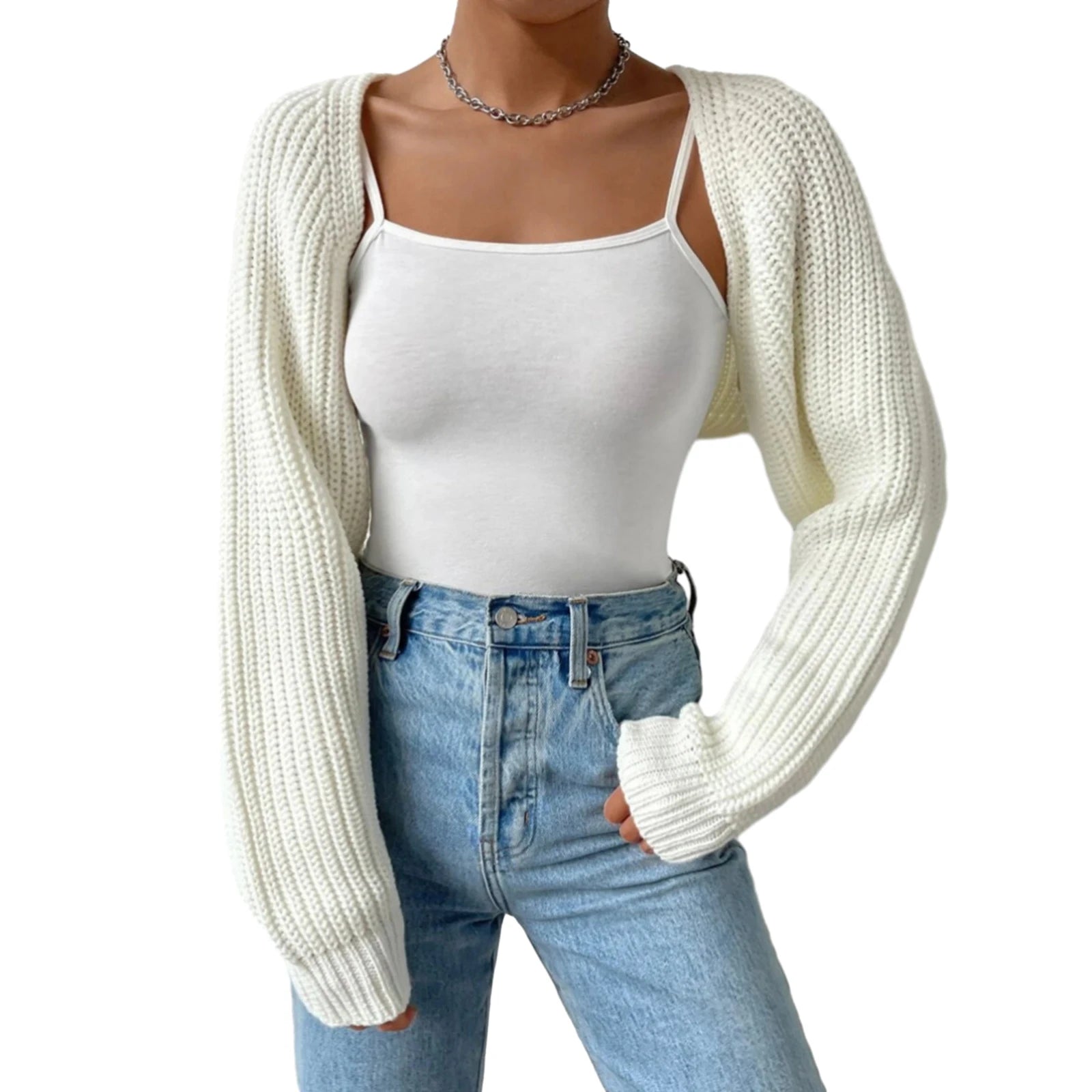 Women’s Open Front Cropped Cardigan – Long Sleeve Ribbed Knit Shrug Sweater Bolero Tops