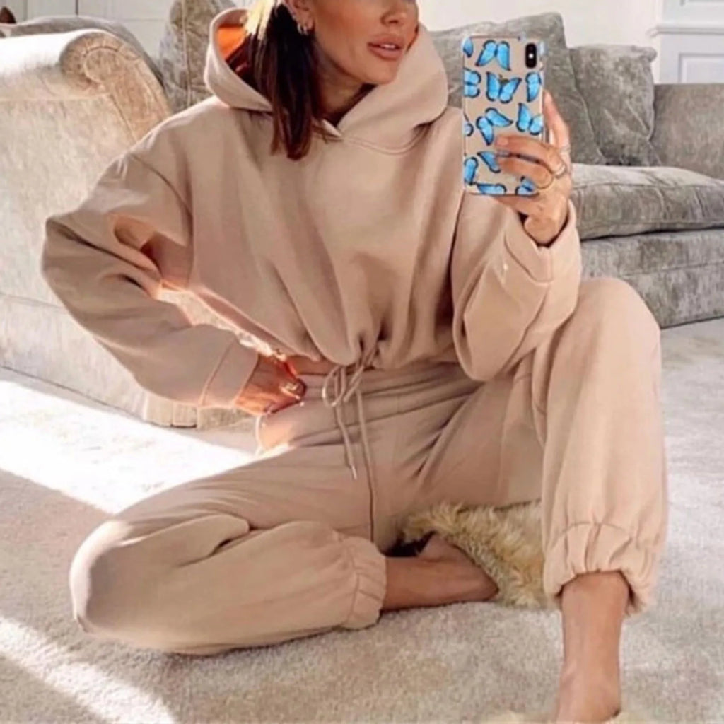 Balimtoy Women’s Two-Piece Tracksuit Set – Solid Color Pullover Hoodie &amp; Ankle-Length Pants, Oversized Streetwear, Autumn/Winter Collection