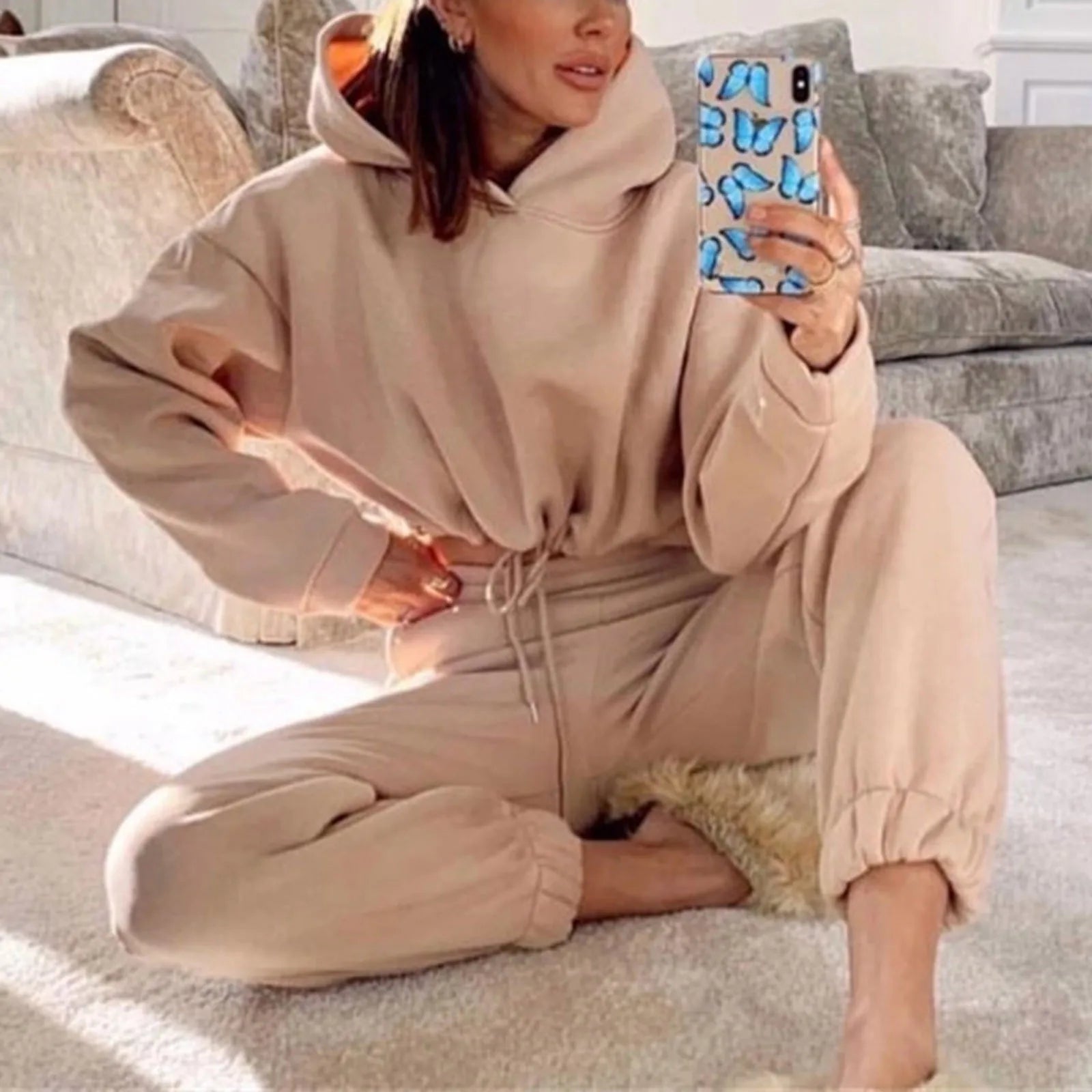 Balimtoy Women’s Two-Piece Tracksuit Set – Solid Color Pullover Hoodie &amp; Ankle-Length Pants, Oversized Streetwear, Autumn/Winter Collection