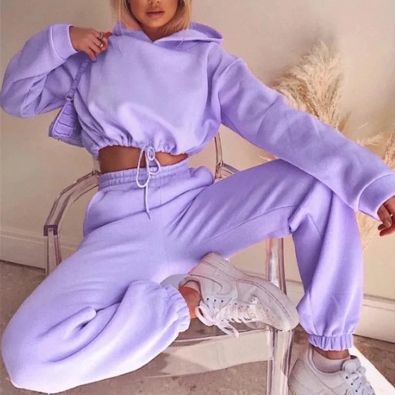 Balimtoy Women’s Two-Piece Tracksuit Set – Solid Color Pullover Hoodie &amp; Ankle-Length Pants, Oversized Streetwear, Autumn/Winter Collection