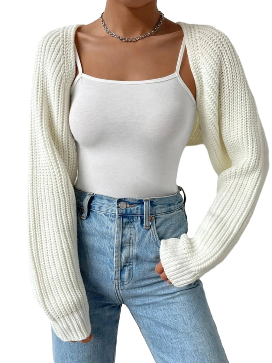 Women’s Open Front Cropped Cardigan – Long Sleeve Ribbed Knit Shrug Sweater Bolero Tops