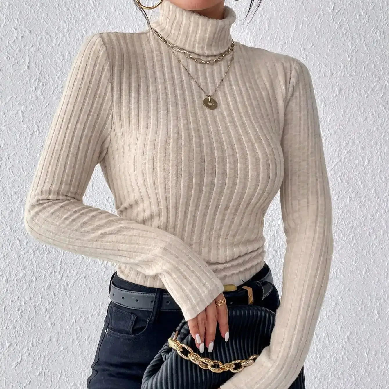 Winter Sexy Texture Pit Stripe Slim Knit Long Sleeve Women's t-shirt New High Neck Women's Tops Casual Women's Tops