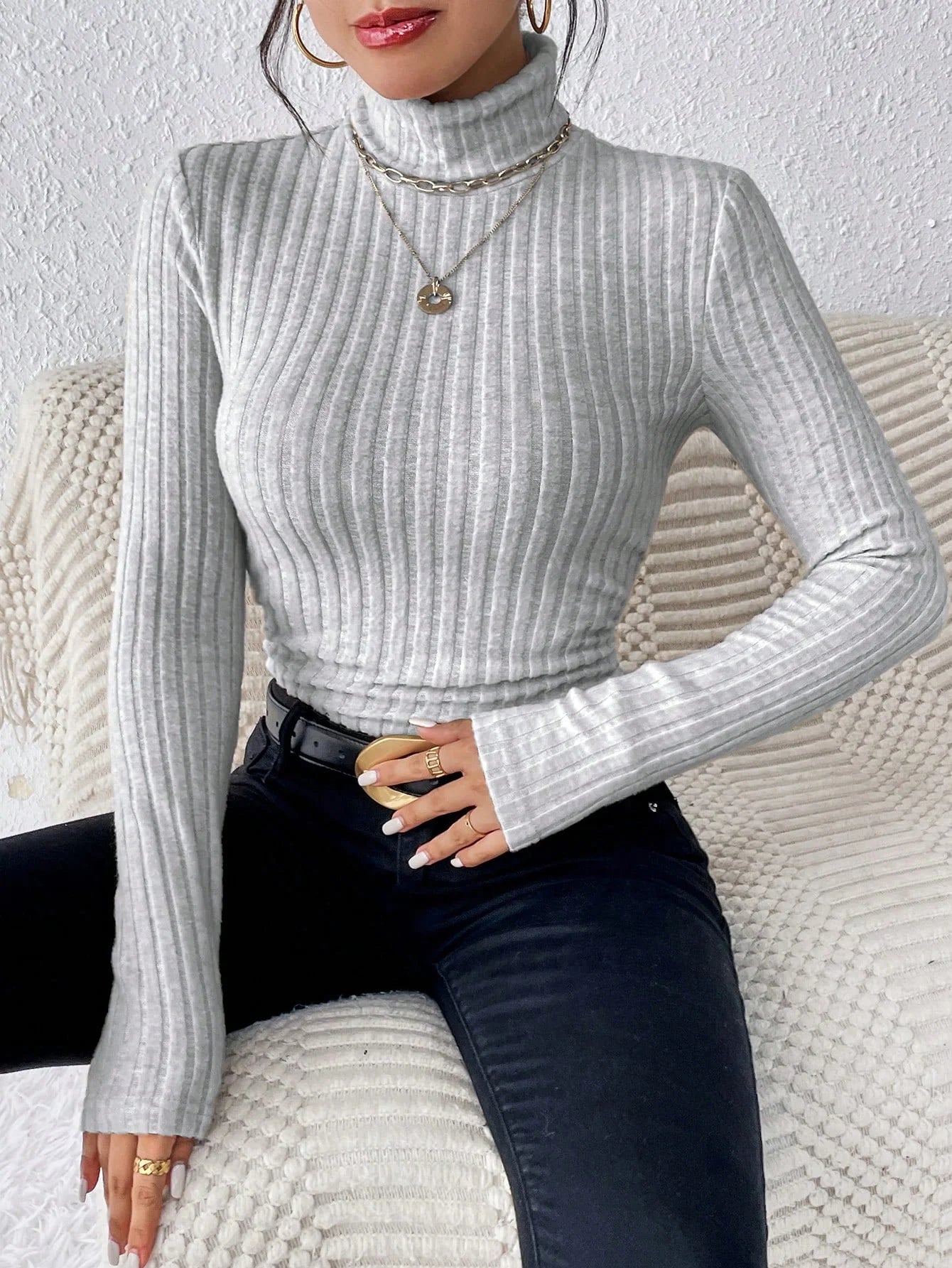 Winter Sexy Texture Pit Stripe Slim Knit Long Sleeve Women's t-shirt New High Neck Women's Tops Casual Women's Tops