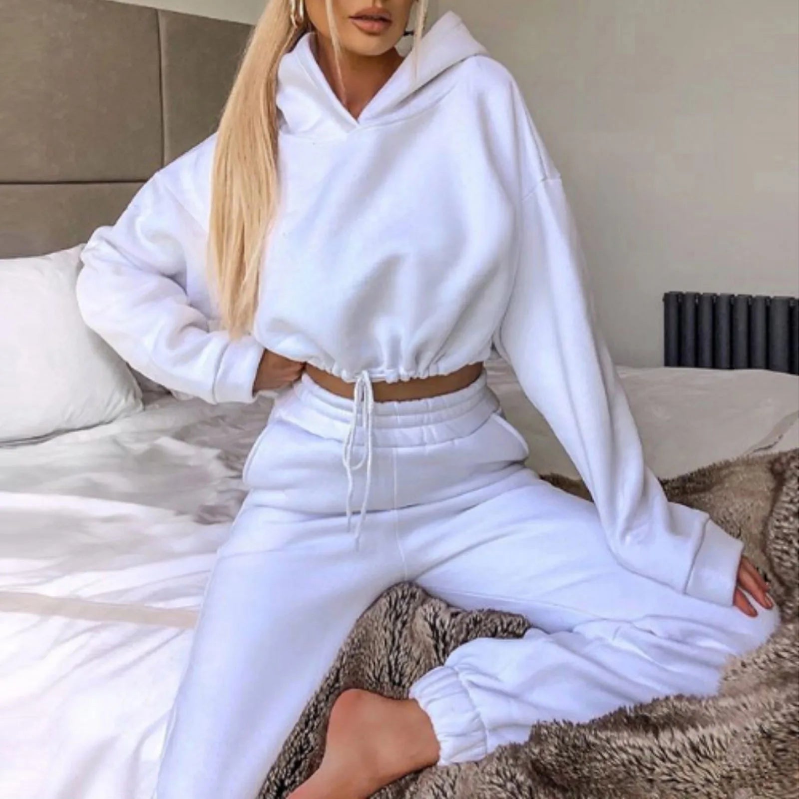 Balimtoy Women’s Two-Piece Tracksuit Set – Solid Color Pullover Hoodie &amp; Ankle-Length Pants, Oversized Streetwear, Autumn/Winter Collection