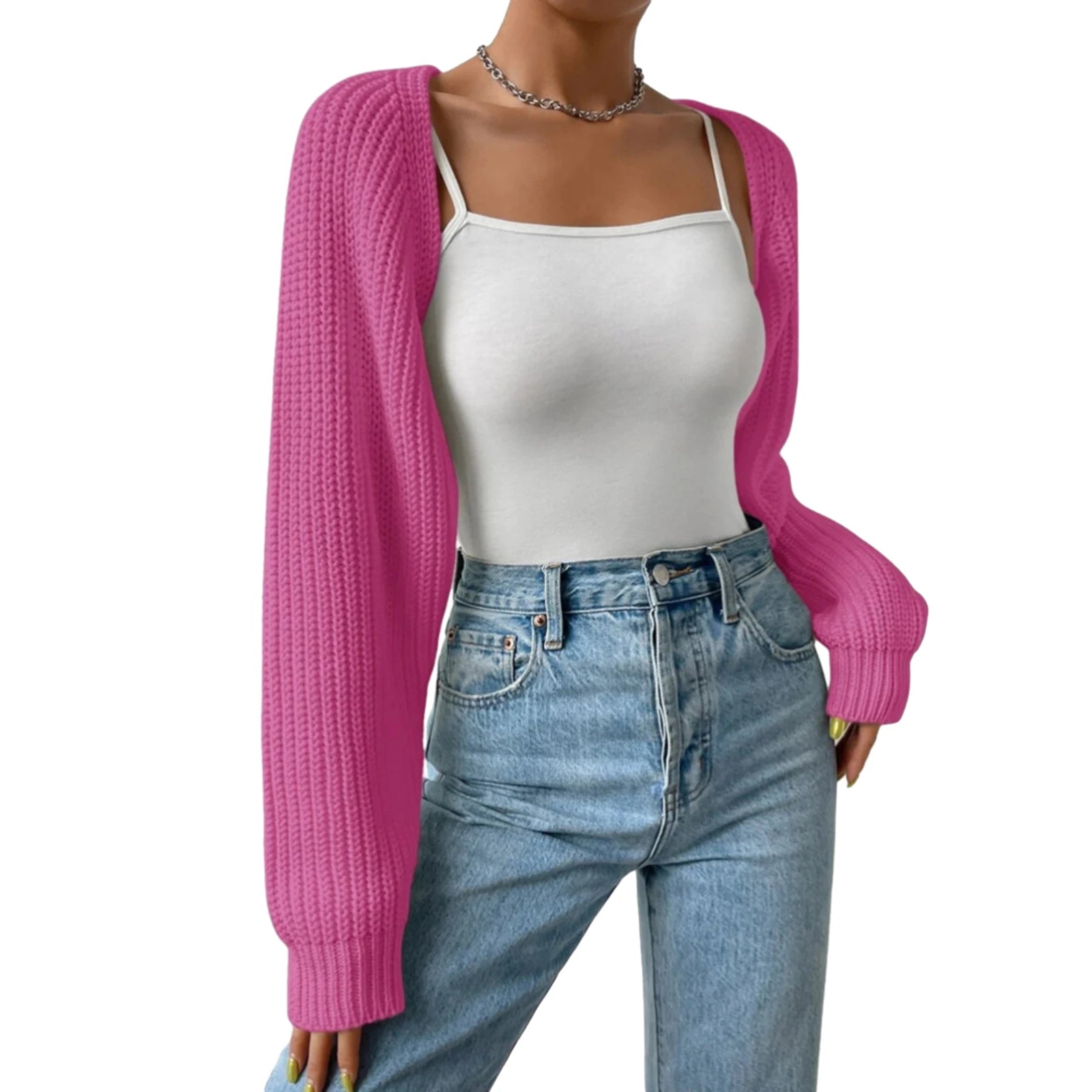Women’s Open Front Cropped Cardigan – Long Sleeve Ribbed Knit Shrug Sweater Bolero Tops