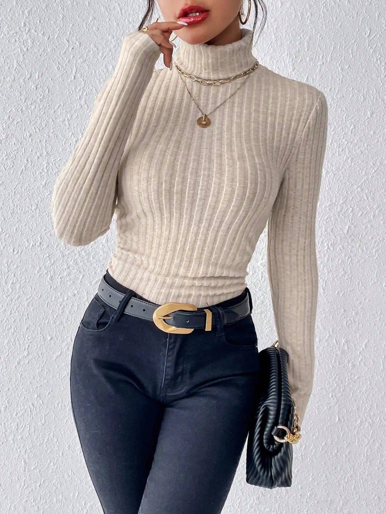 Winter Sexy Texture Pit Stripe Slim Knit Long Sleeve Women's t-shirt New High Neck Women's Tops Casual Women's Tops