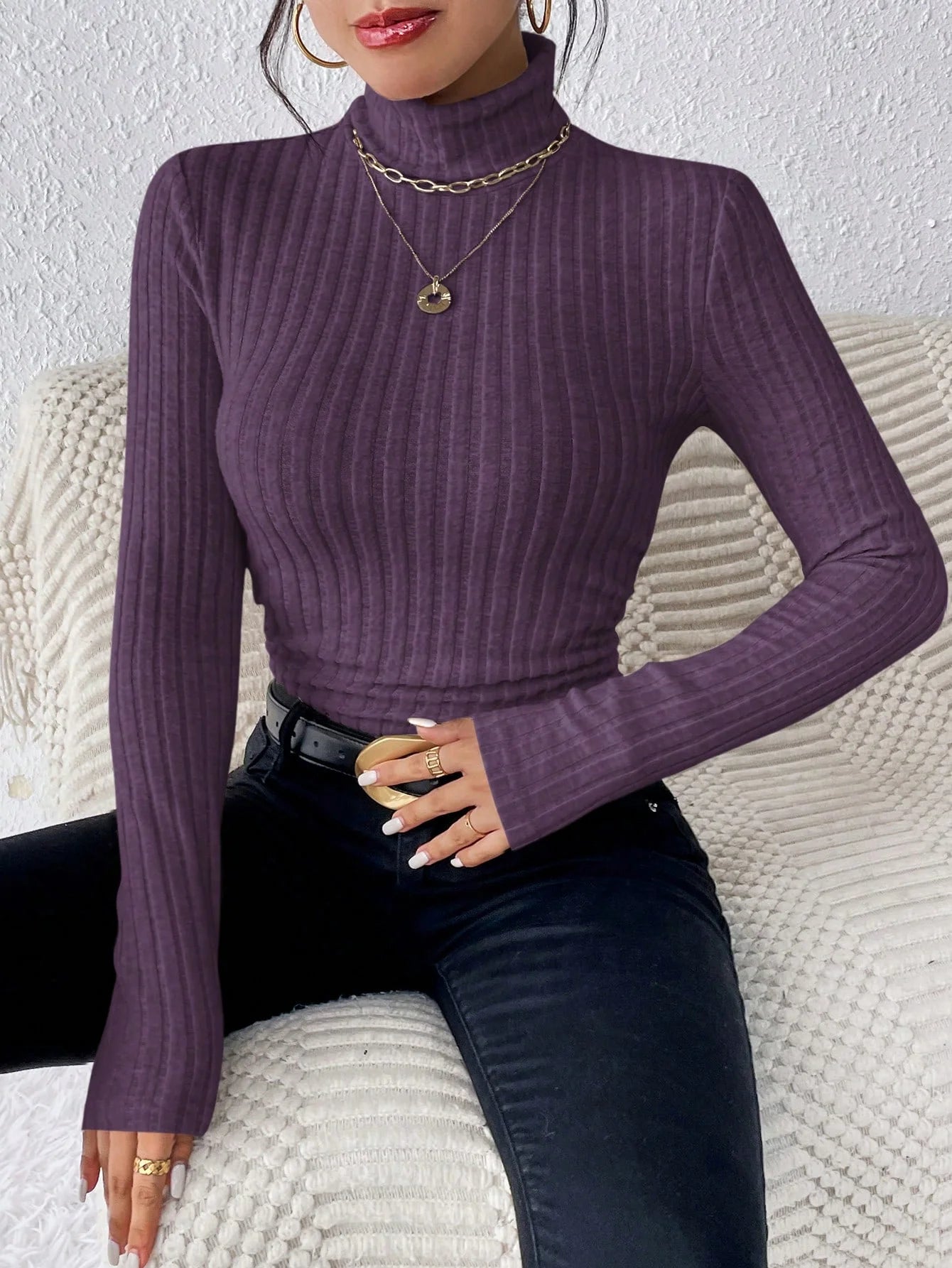Winter Sexy Texture Pit Stripe Slim Knit Long Sleeve Women's t-shirt New High Neck Women's Tops Casual Women's Tops