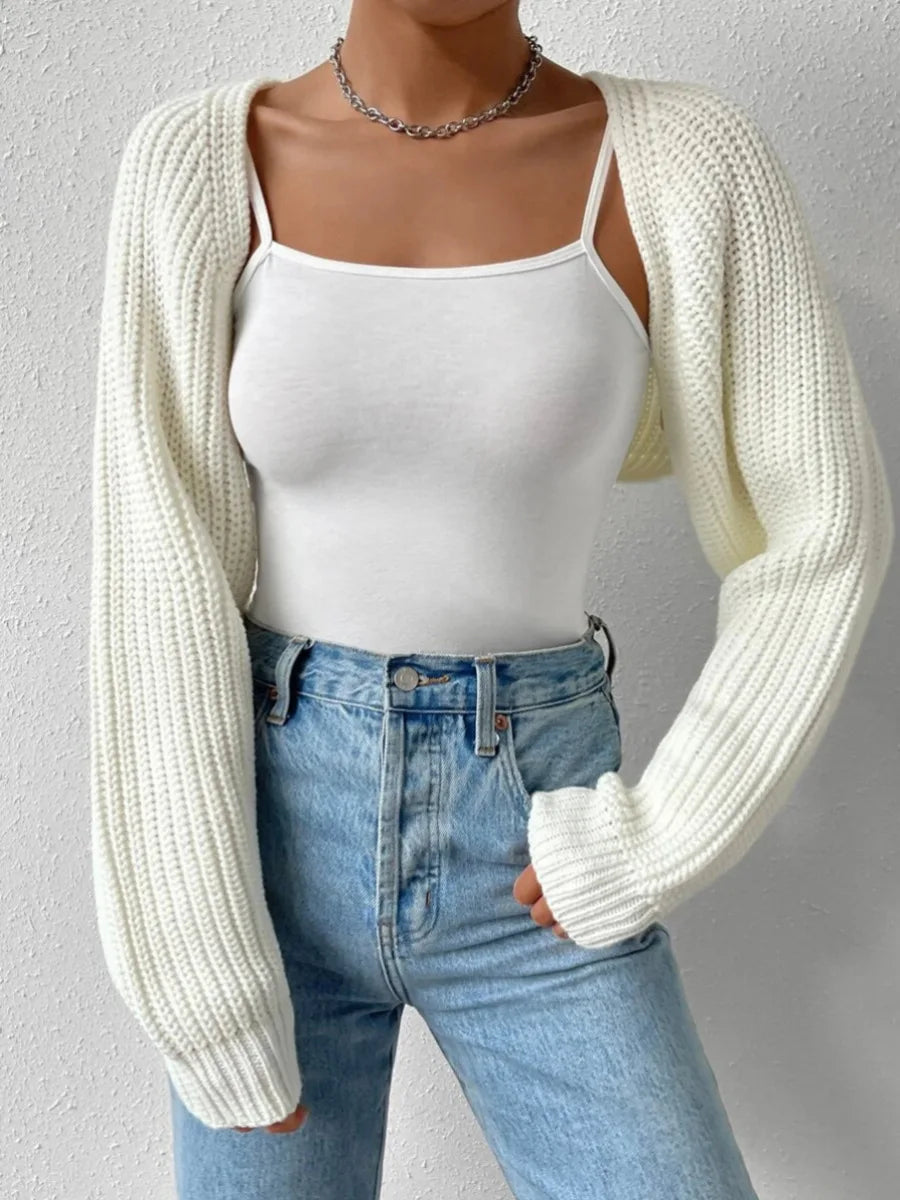 Women’s Open Front Cropped Cardigan – Long Sleeve Ribbed Knit Shrug Sweater Bolero Tops