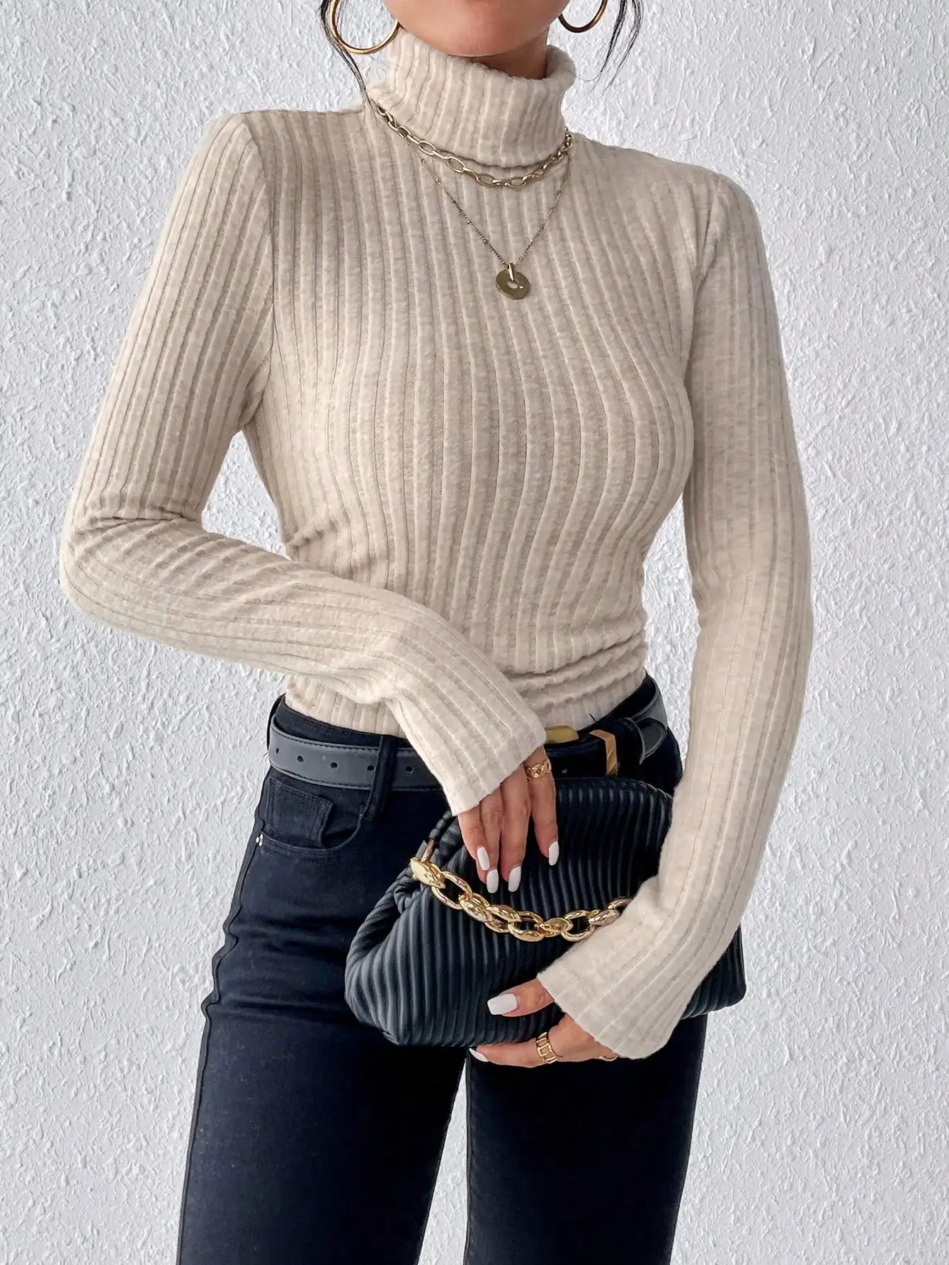 Winter Sexy Texture Pit Stripe Slim Knit Long Sleeve Women's t-shirt New High Neck Women's Tops Casual Women's Tops