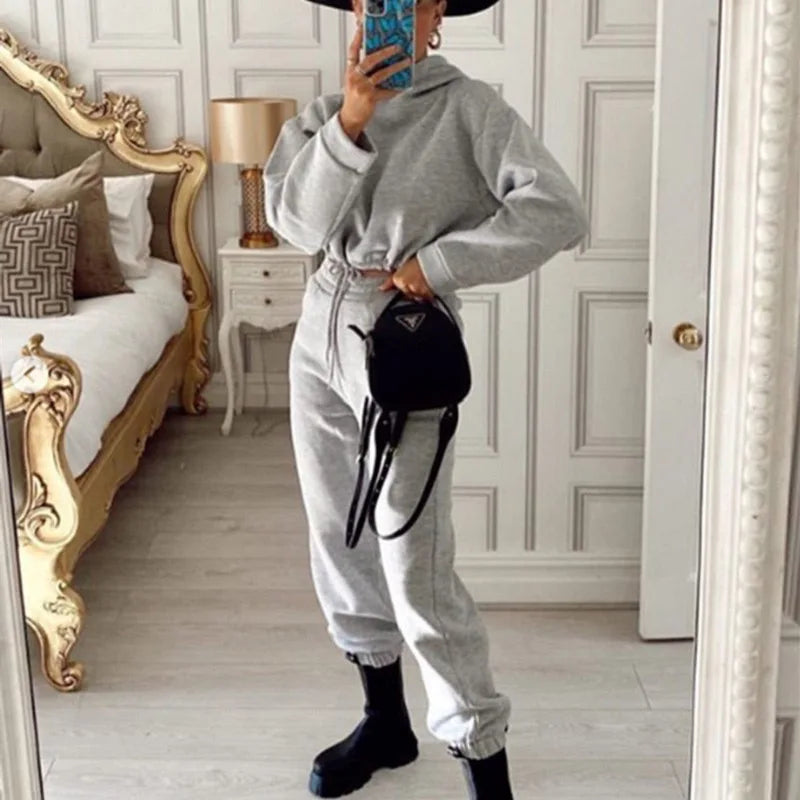 Balimtoy Women’s Two-Piece Tracksuit Set – Solid Color Pullover Hoodie &amp; Ankle-Length Pants, Oversized Streetwear, Autumn/Winter Collection